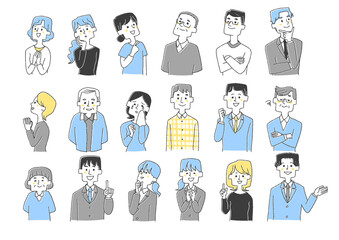 さまざまな年齢の人物のアイコンセット　コミカルな手書きの人物イラスト　ベクター線画