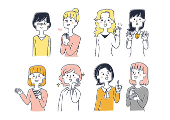 いろんなポーズの若い女性のセット　コミカルな手書きの人物イラスト　ベクター線画にシンプルな色つけ　　