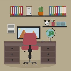 Workplace at home or office template. Minimalism interior. Flat design. 