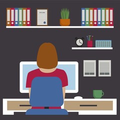Work place at home template. Constructor work place. Flat design. Woman work with computer.