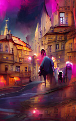Fototapeta premium Wall art paining in oil mixed style, stock, contemporary impressionism artwork for sale, vibrant abstract art, colorful brush strokes, print for interior. European city old street and houses, tourism