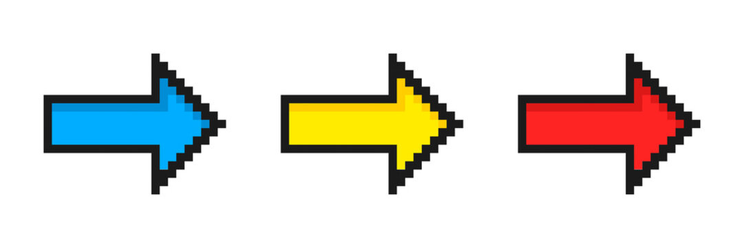 Set of pixel arrows. Collection of colored cursors. 8-bit pointers. Vector illustration