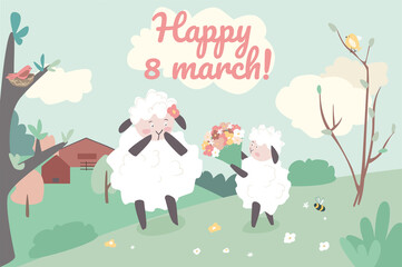 Happy 8 March concept background. Greeting holiday card with animals. Cute family of raccoons, kids give flowers to mother and congratulate in spring forest. Vector illustration in flat cartoon design