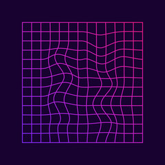 Distorted Grid Square Neon Pattern. Glitch, Synthwave, Vaporwave, Retrowave. Futuristic Wave Geometric Background. Ripple Perspective Square. Isolated Vector Illustration