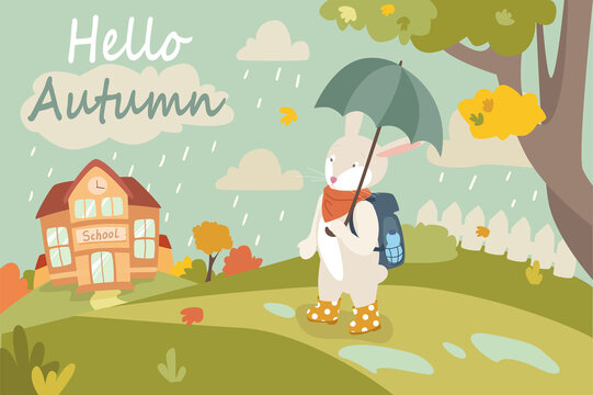Hello autumn concept background. Cute animal greeting fall. Rabbit pupil with backpack in rubber boots goes under umbrella to school in rainy weather. Vector illustration in flat cartoon design