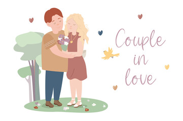 Happy Valentines day concept background. Cute couple in love celebrates romantic holiday. Loving man and woman hugging and holding hands. greeting card. Vector illustration in flat cartoon design