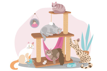 Obraz na płótnie Canvas Cute pets sitting concept background. Cats are sitting on couch in living room, relaxing or playing in cozy room. Domestic animals care. Vector illustration in flat cartoon design