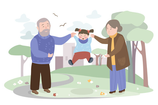 Happy family playing outdoors concept background. Grandparents holding hands jumping granddaughter. Grandmother and grandfather pastime with girl in park. Vector illustration in flat cartoon design
