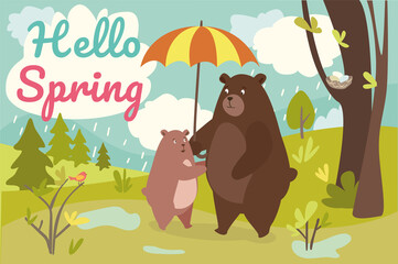 Hello spring concept background. Cute animals greeting springtime. Dad bear holds umbrella and bear cub hugs him. Family walking in forest in rainy weather. Vector illustration in flat cartoon design
