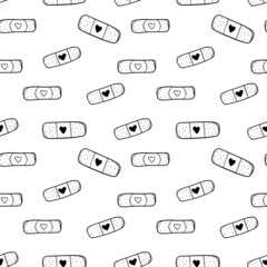 Band aid with hearts seamless pattern on white.