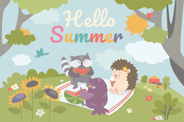 Hello summer concept background. Cute animals greeting summertime. Raccoon and owl eat watermelon, hedgehog eats ice cream. Friends spend time on picnic. Vector illustration in flat cartoon design