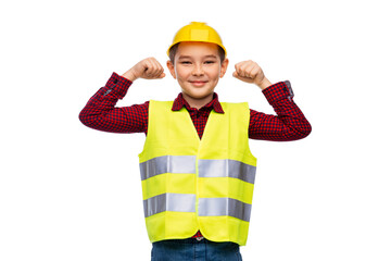 building, construction and profession concept - little boy in protective helmet and safety vest showing power gesture over white background