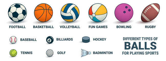 Balls. Vector illustration of different types of balls for sports games: football, volleyball, basketball, rugby. Balls and the sports in which they are used. - 486460915