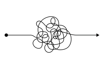 Arrow chaos mindset mess. Doodle knot line concept with freehand scrawl sketch. Vector hand drawn difficult thought process. Tangle path - obrazy, fototapety, plakaty