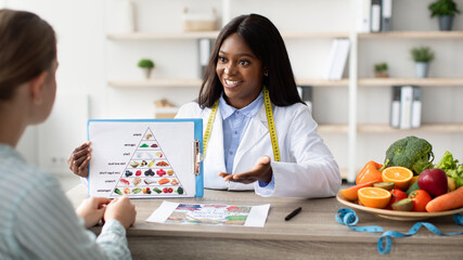 Young black female dietologist showing patient eating food pyramid, having consultation at clinic,...