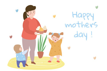 Happy Mothers day concept background. Smiling mom holds homemade cupcakes for her daughters, girls congratulate mommy on holiday. Greeting holiday card. Vector illustration in flat cartoon design