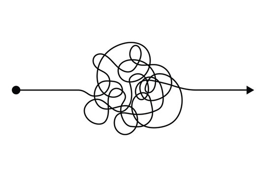 Arrow chaos mindset mess. Doodle knot line concept with freehand scrawl sketch. Vector hand drawn difficult thought process. Tangle path