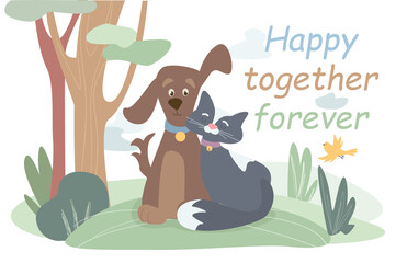 Obraz na płótnie Canvas Happy together forever concept background. Cute friendly animals together. Happy dog and cat sitting side by side in park. Friends pets pastime outdoors. Vector illustration in flat cartoon design