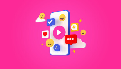 Phone and social media, online communication on pink background 3D illustration