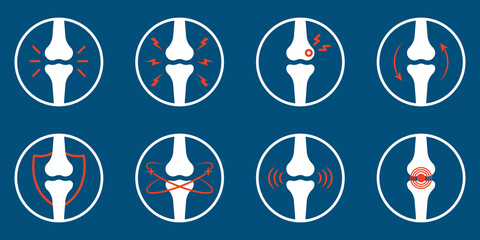 Bones Pain Silhouette Icon Set. Bone Injury, Arthritis, Osteoporosis, Inflammation Pictogram. Ache of Knee, Hand, Leg Skeleton. Bones Joint Illness Icon. Isolated Vector Illustration