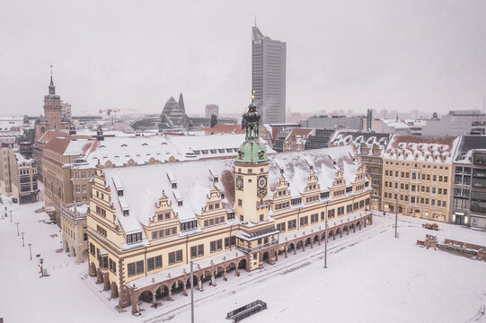 Old City Hall in Winter Snow - Leipzig Saxony Germany - Drone Aerial Shot