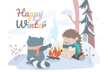 Happy winter concept background. Cute animal greeting wintertime. Funny pets hedgehog and raccoon sit by fire and warm their paws on edge of snowy forest. Vector illustration in flat cartoon design