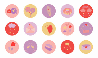 Naklejka premium Round stickers for valentine's day. Cute circle badges with a festive theme, love. Suitable for cards, flyers, fashion prints, banners, social media. Romantic labels badges. Vector flat illustration