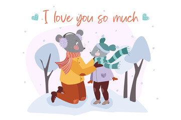 Happy loving family concept background. Mother mouse takes care of kid and dresses him with warm knitted scarf in winter. Cute pets greeting wintertime. Vector illustration in flat cartoon design