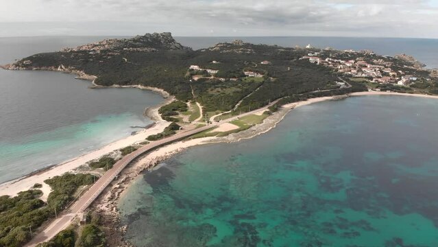 aerial view of Landscape with Rena di Levante and Rena Di Ponente beach, Capo Testa, Sardinia island, Italy