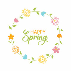 Spring greeting card. Hand drawn illustration. Floral wreath and lettering. Spring flowers with branches and cozy leaves. Suitable for banner, poster, postcard, brochure, advertising, social networks