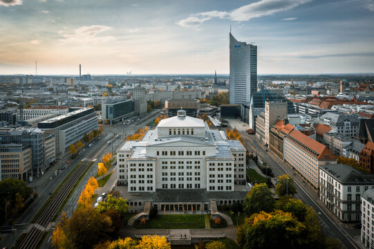 Leipzig Oper Hall - Augustusplatz Germany MDR Tower and Skyline - Aerial Drone View