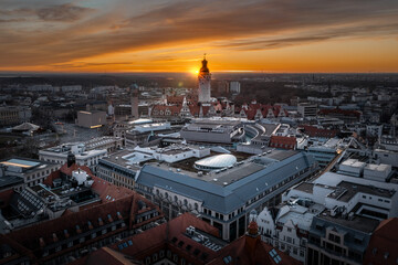 Sunset in Leipzig (Germany) - neues Rathaus - new city hall - castle urban landscape - Drone Aerial...