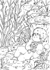 Little boy sleeps near a stump and bushes with berries. Sweet children's sleep in nature. Black and white vector illustration