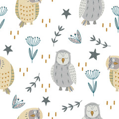 Seamless pattern with owls and abstract shapes and flowers. Creative woodland childish texture. Great for fabric, textile