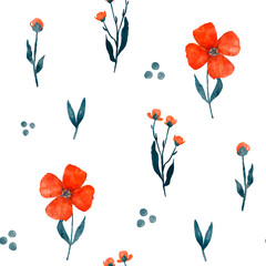 Seamless floral pattern with  flowers and leaves. Creative watercolor drawn blooming texture. Great for fabric, textile