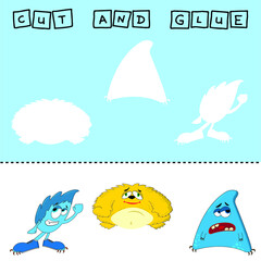 Vector illustration of mead monsters lacking the desired element. paper game for the development of preschoolers. Cut out parts of the image and glue on the cute heroes. A fun game for kids and kids