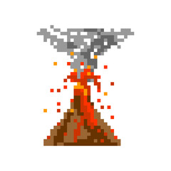 Volcano eruption pixel art illustration, Stratovolcano cone spewing hot lava ash cloud, Volcano explosion red magma flows down isolated on white background pictogram game graphic element