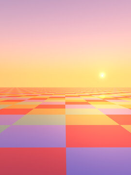 Sonnenuntergang über einer Landschaft mit einem karierten Muster