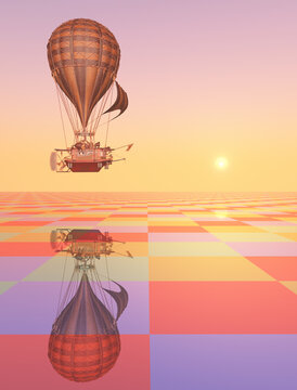 Fantasie Heißluftballon über einer Fläche mit einem karierten Muster