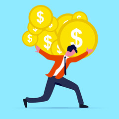 business man is hit by heavy dollar coin profit and holds his coin with his strength