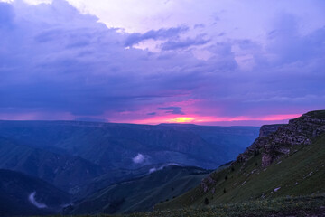 Sunset on the Bermamyt plateau in the Karachay-Cherkess Republic, Russia. Elbrus.