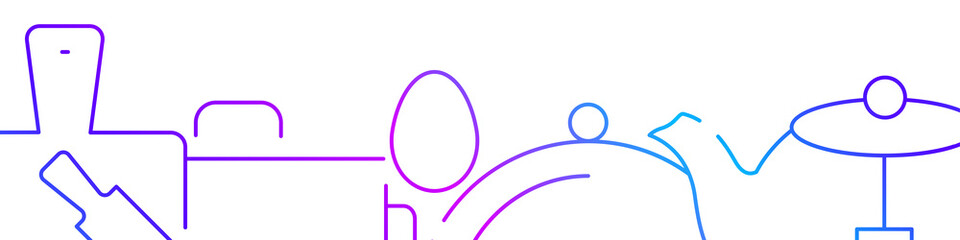 Kitchenware related horizontal banner or bottom border template background. Flat gradient line vector illustration isolated on white.