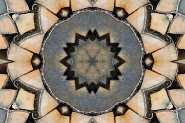Abstract wooden geometric background texture, geometric shape pattern, kaleidoscopic mandala