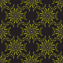 Seamless pattern with yellow abstract flowers on a black background for packaging, fabrics, backgrounds and other products.