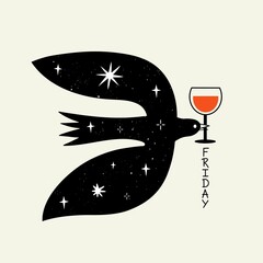 Vector illustration with flying bird with glass of red wine and lettering word Friday. Funny party print design, home and bar wall decoration typography poster with abstract doodle lines - 486464936