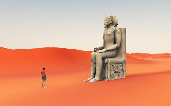 Statue aus dem alten Ägypten in einer Wüste und Entdecker