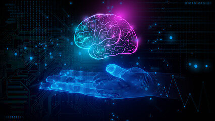 Obraz premium Artificial Intelligence and Machine Learning Concept. Neural networks and modern technologies. Big data and robotic in business. Hi-tech and sci-fi digital technology. 3d illustration