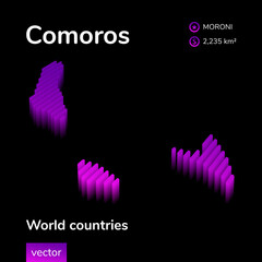Stylized striped vector isometric 3d map of Comoros in neon violet and pink colors on black background