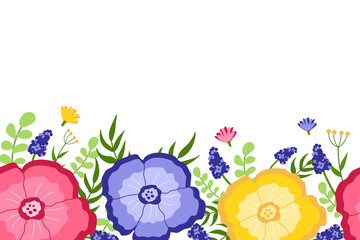 Seamless border of different colorful flowers hand drawn style vector floral illustration isolated on white background. Backdrop for wallpaper, textile, fabric, wrapping