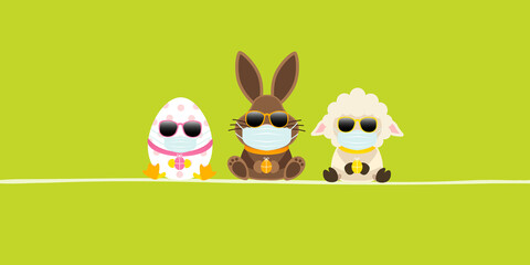 Obraz premium Banner Osterei Osterhase & Schaf Maske Sonnenbrille Grün